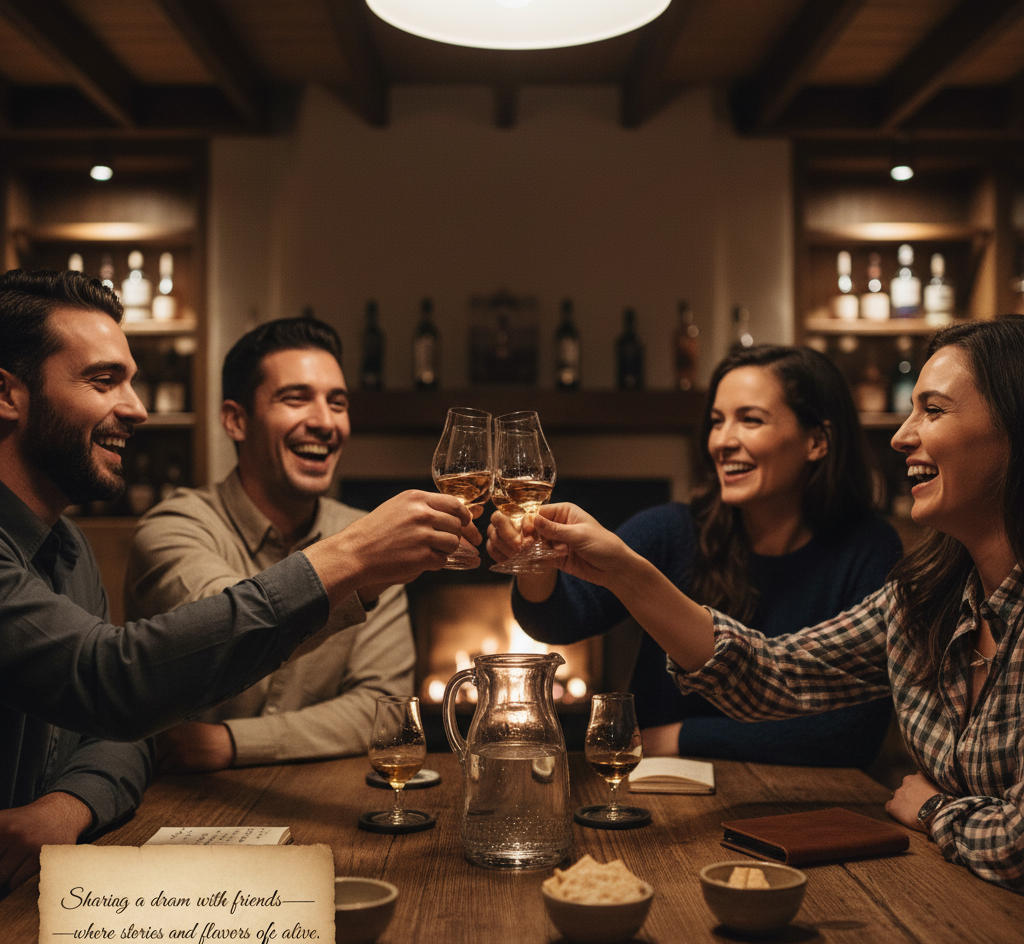 Group of friends clinking whisky glasses in cozy tasting room